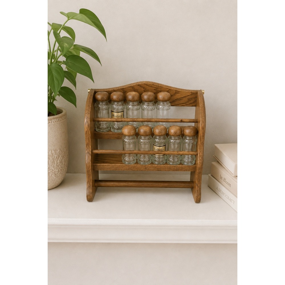 Vintage Oak Spice Rack 10 Glass Jars Wall Mount Countertop Farmhouse Cottagecore